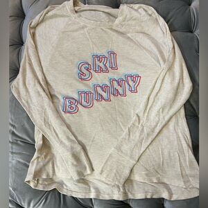 Aerie Cream Long Sleeve Tee with Red and Blue 'Ski Bunny'